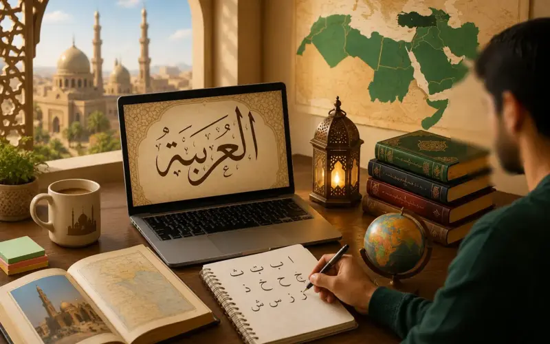 Étudiant apprenant l’arabe avec ordinateur et cahier