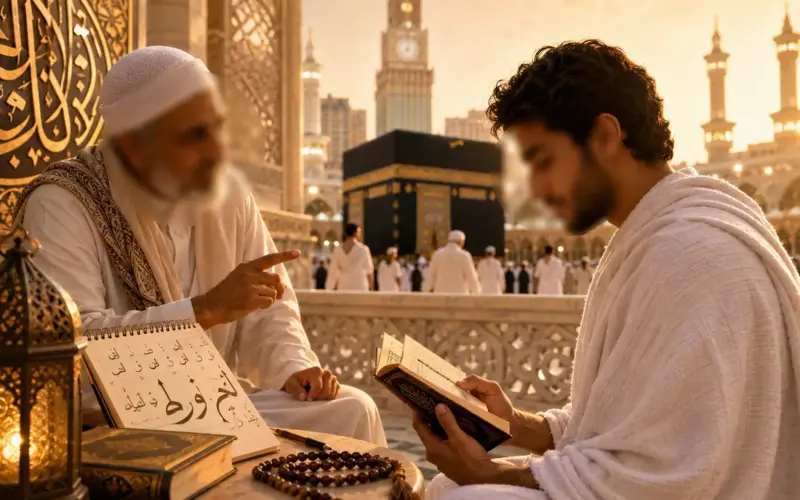 Pilgrim learning Arabic before Umrah
