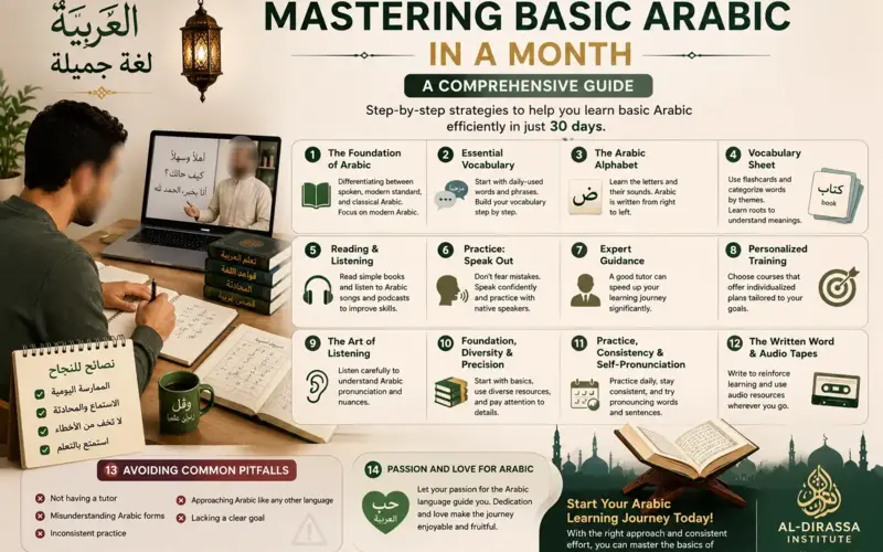 Infographie sur l’apprentissage des bases de l’arabe en un mois
