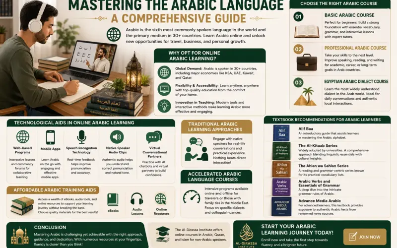 Infographie sur l’apprentissage de l’arabe avec un professeur en ligne