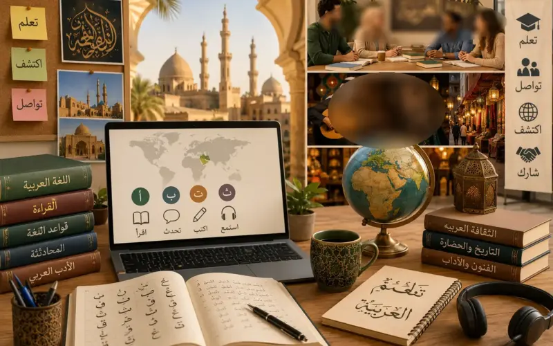 Arabic learning desk with books and laptop