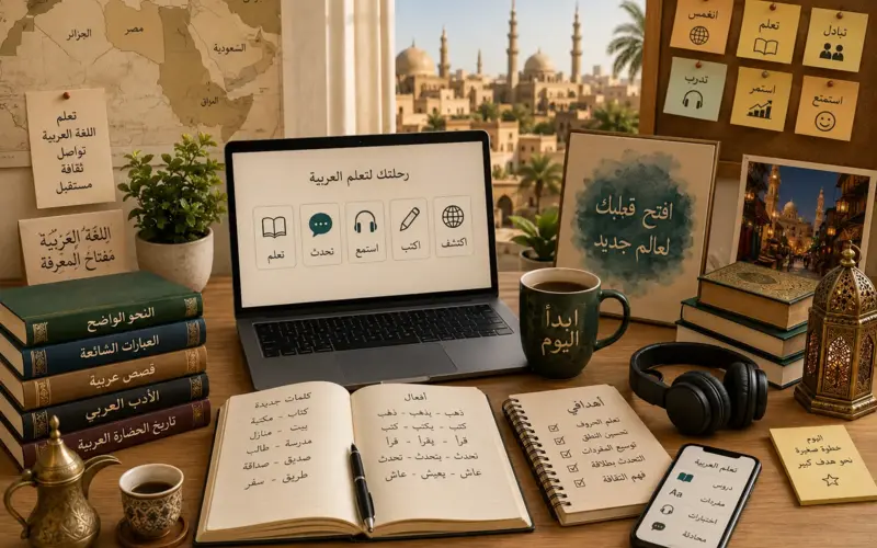 Arabic learning desk with laptop, books and notebooks