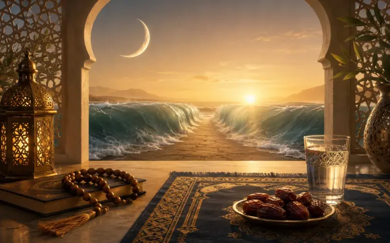Illustration of the Ashura fast with Quran, dates and water