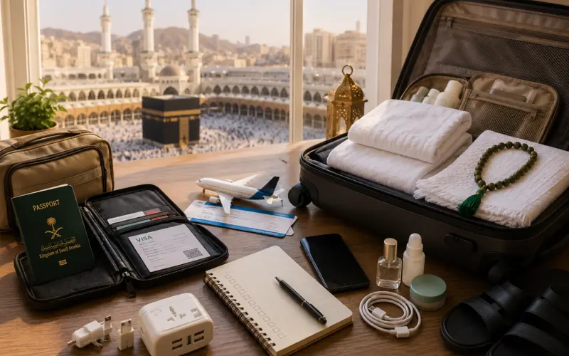 Pilgrim preparing documents, luggage, Ihram garments, and travel essentials before an Umrah journey