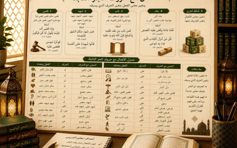 Arabic grammar chart about verbs with fixed prepositions