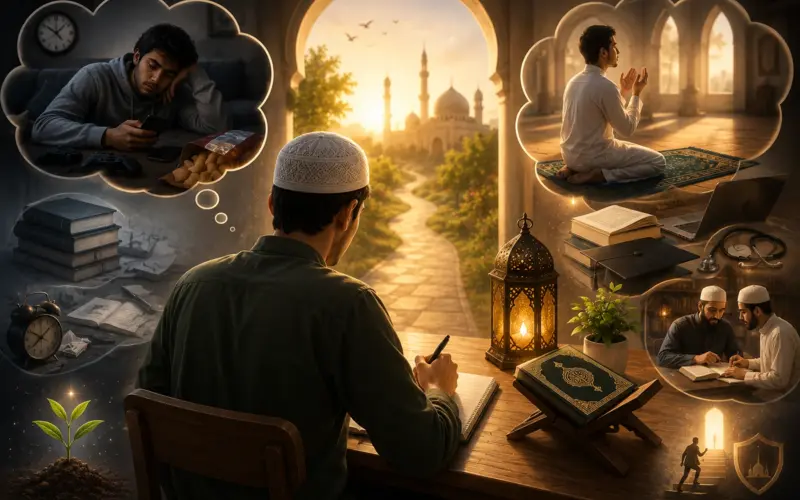 Muslim student seeking Islamic knowledge with Quran and duas