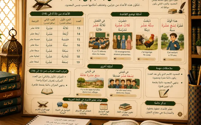 Arabic numbers lesson from 13 to 19