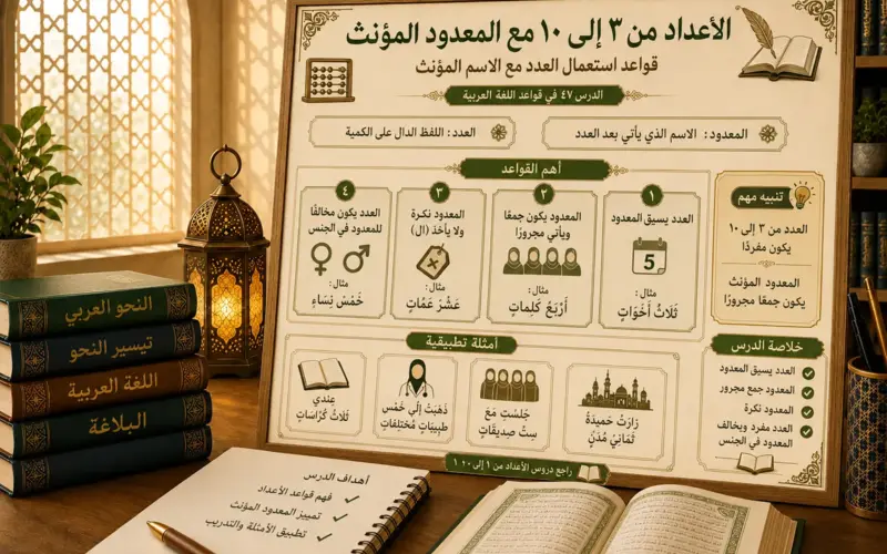 Arabic numbers lesson with feminine nouns from 3 to 10