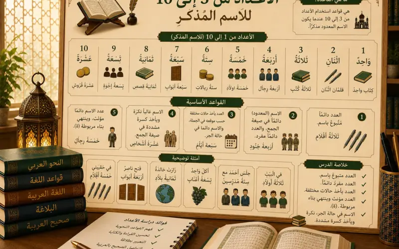 Arabic numbers lesson with masculine nouns from 3 to 10