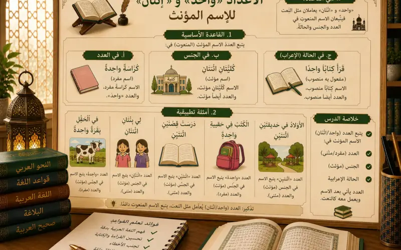Arabic numbers lesson about 1 and 2 with feminine nouns