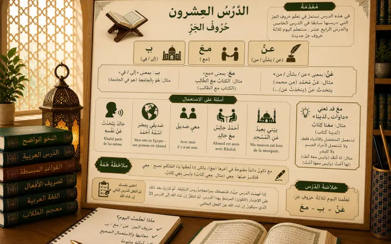 Illustration of Arabic prepositions عَنْ، مَعَ and بِـ