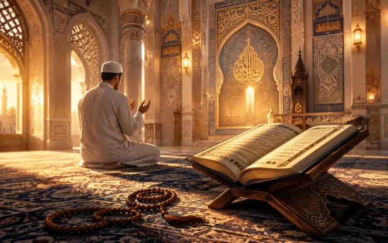 Open Quran in mosque with man praying