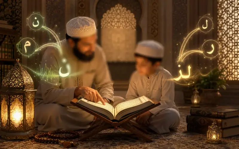 Child learning Quran with his father