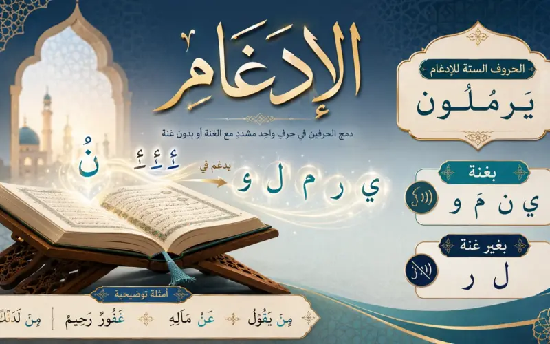 Educational illustration of the Idgham rule in Tajweed with an open Quran, Arabic letters, and the categories of Idgham with and without ghunnah.