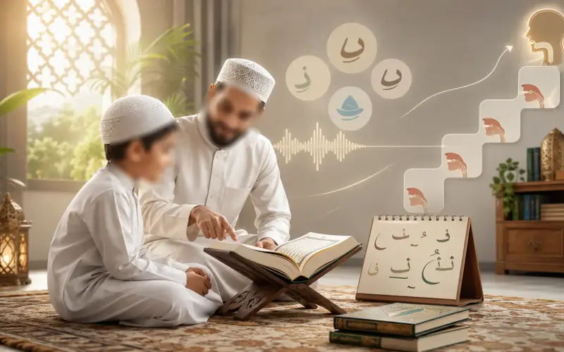 Child learning the Nouraniya Method with a teacher