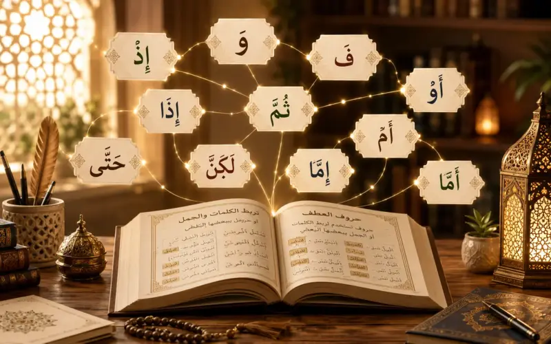 Open Arabic book with Quranic conjunction particles