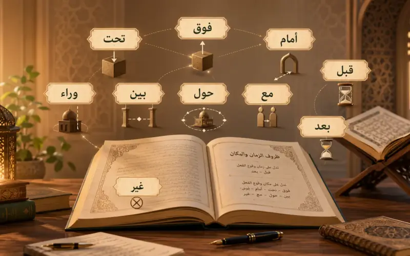 Livre d’arabe ouvert avec adverbes coraniques illustrés