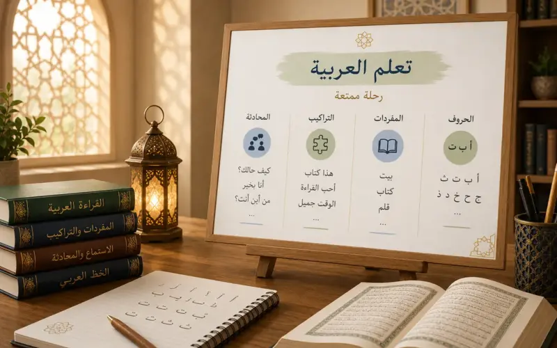 Tableau d’arabe présentant les prépositions et pronoms