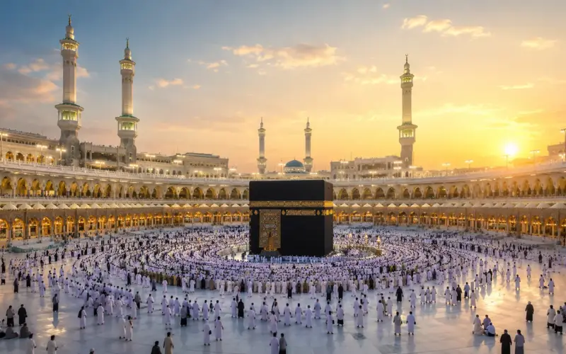 Red visual presenting the history of Masjid al-Haram