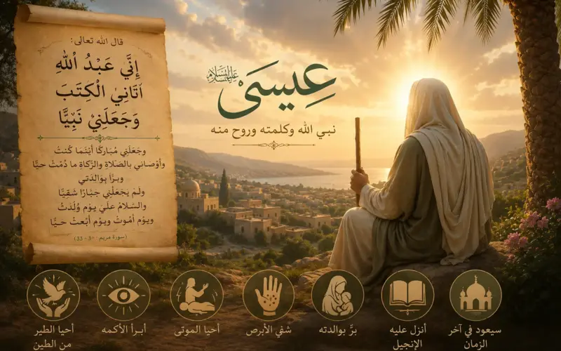Illustration of Prophet Isa in a radiant landscape