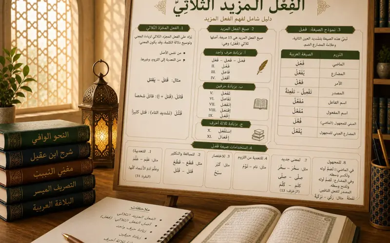 Educational poster about the Arabic derived triliteral verb