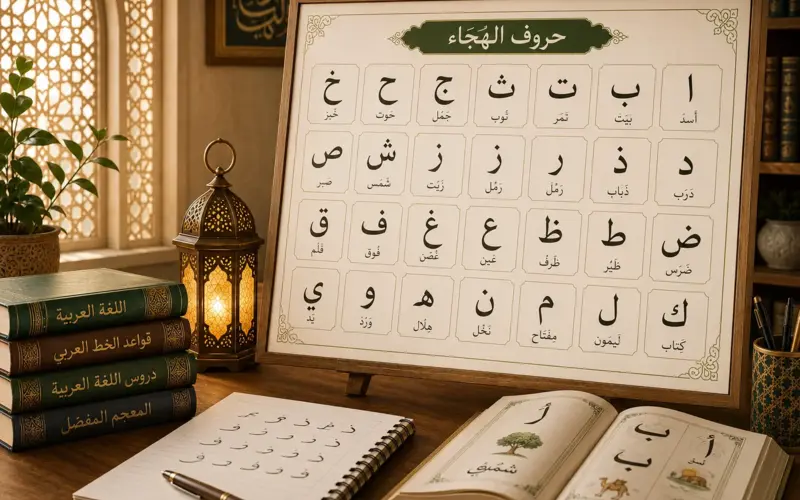 Tableau des 28 lettres de l’alphabet arabe avec livre ouvert