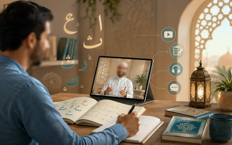 Student taking an online Arabic course on a computer