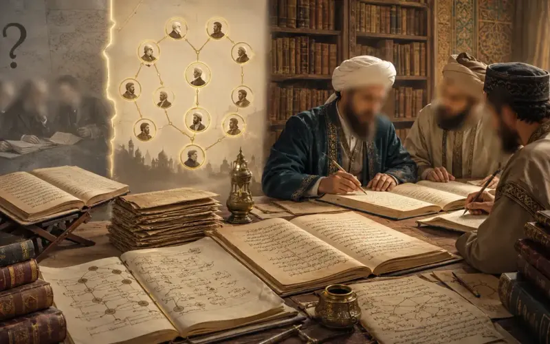 Muslim scholars studying hadith manuscripts