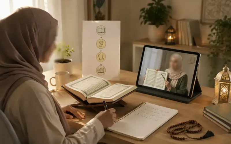 Personne adulte apprenant à lire le Coran avec un Mushaf ouvert et des notes de cours, illustration de l'apprentissage de la récitation pour débutants francophones