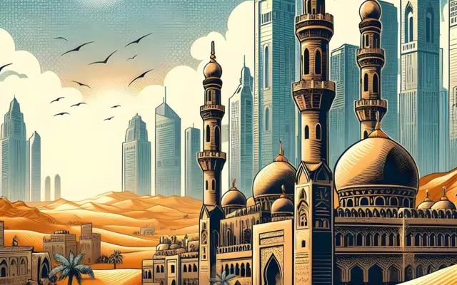 Illustration einer Moschee, einer Wüste und einer modernen arabischen Skyline