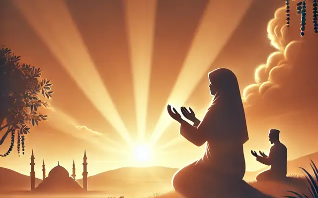 Frau spricht bei Sonnenuntergang ein Duʿā