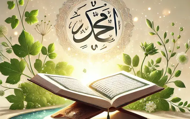 Coran ouvert avec calligraphie islamique et décor végétal