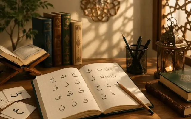 Cahier d’apprentissage de l’arabe, alphabet arabe et matériel d’étude posés sur un bureau dans une ambiance calme et lumineuse.
