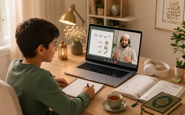 Un étudiant adulte suit un cours particulier d'arabe en ligne avec son professeur natif sur son ordinateur, dans un cadre calme à domicile