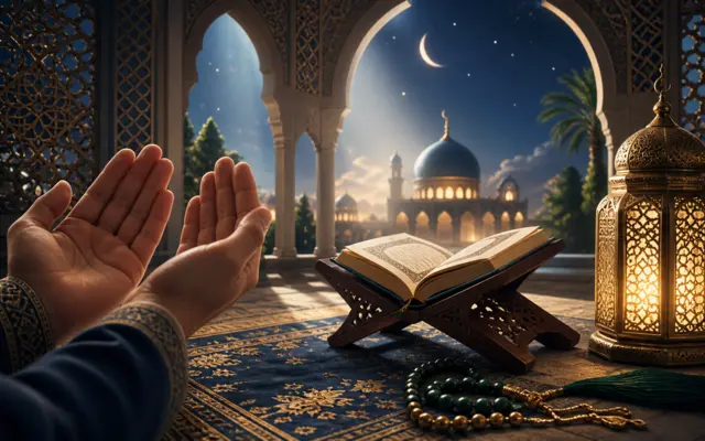 Coran ouvert sur une page de versets avec des mains en supplication, symbolisant les invocations coraniques des prophètes de l'islam