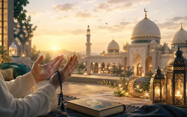 Mains jointes en signe de supplication lors de la prière de l'Aïd, symbolisant les douaa récités le jour de la fête islamique