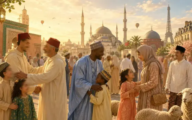 Fidèles musulmans rassemblés pour la prière de l'Aïd al-Kébir au lever du soleil, hommes en tenue traditionnelle dans une grande mosquée