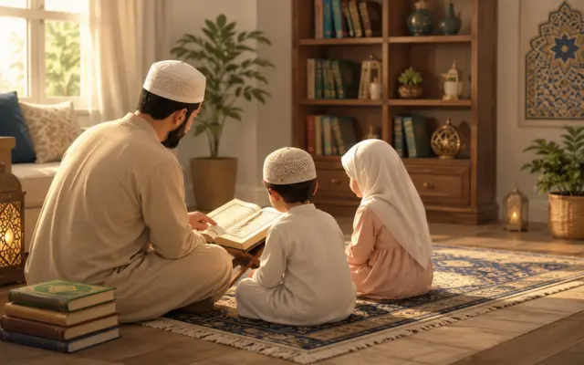 Muslimischer Vater liest mit seinen Kindern zu Hause im Koran