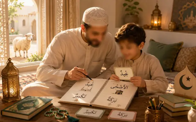 Tableau pédagogique illustrant le vocabulaire arabe essentiel de l'Aïd al-Kébir — Udhiyya, Takbir, Baraka, Dhabh — avec leur écriture arabe et leur traduction française