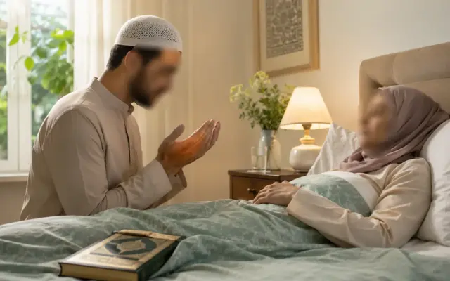 Mann spricht Duʿā für eine kranke Frau im Islam