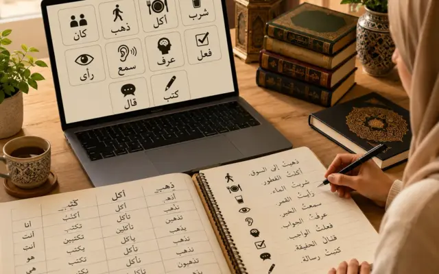 Schüler lernt arabische Verben mit Laptop und Notizbuch