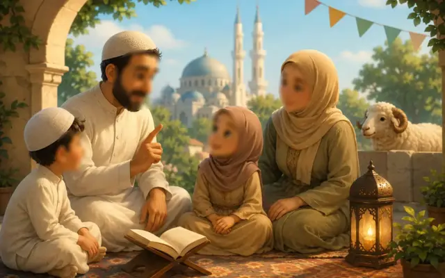 Famille musulmane expliquant l’Aïd al-Kébir aux enfants