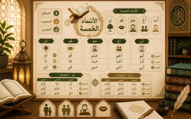 Tableau de grammaire arabe sur les cinq noms