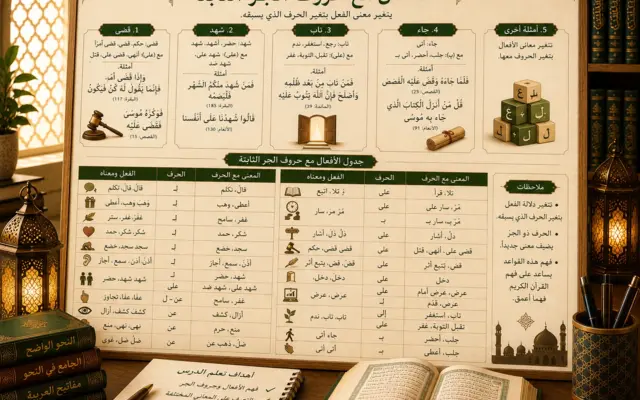 Tableau de grammaire arabe sur les verbes à préposition fixe
