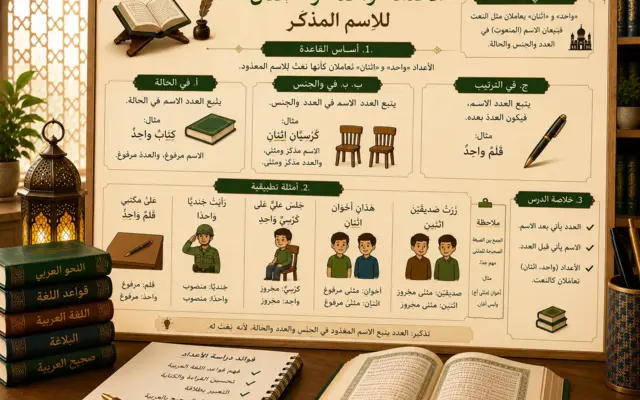 Leçon sur les nombres 1 et 2 avec un nom masculin en arabe