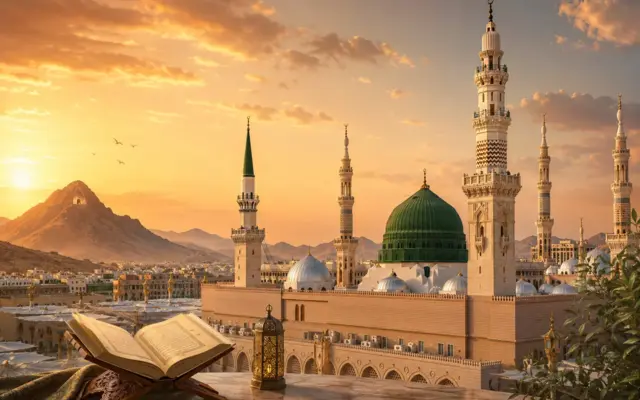 Mosquée de Médine avec Coran ouvert