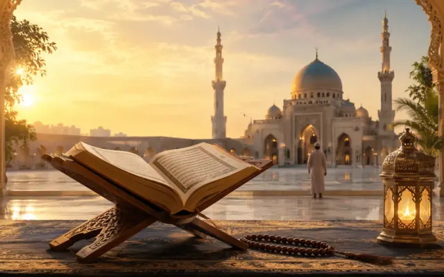 Coran ouvert devant une mosquée