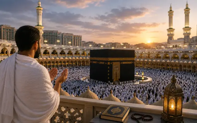 Homme invoquant Allah face à la Kaaba