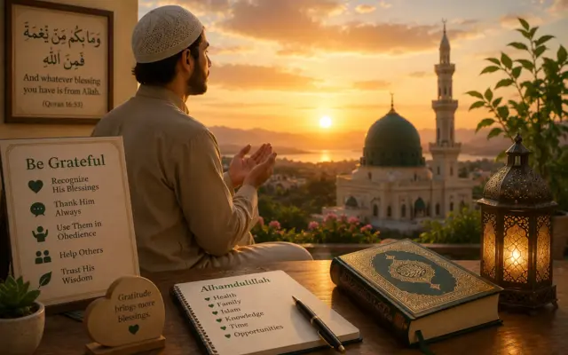 Homme remerciant Allah devant une mosquée