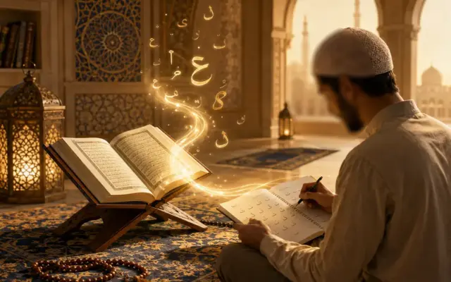 Étudiant apprenant l’arabe devant le Coran ouvert